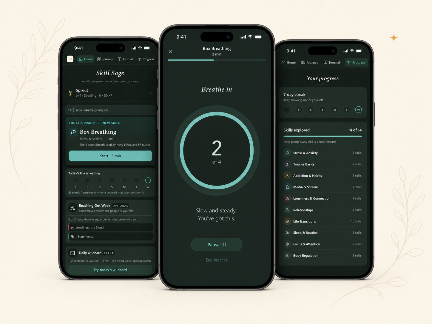 Skill Sage daily practice, paced breathing, and progress screens